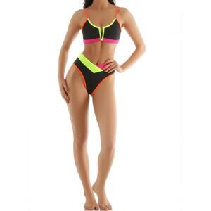 Popvil Black & Neon Colorblock 2-Piece‎ Swimsuit Bikini Sz S NWT